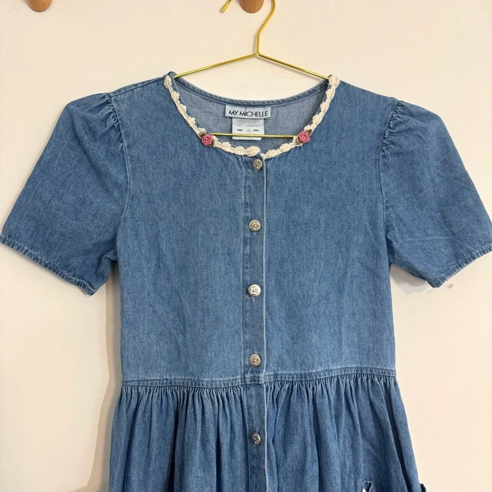 SOLDMy Michelle Vintage Blue Denim Modest Prairie Midi Button Down Dress Floral - Picture 3 of 9